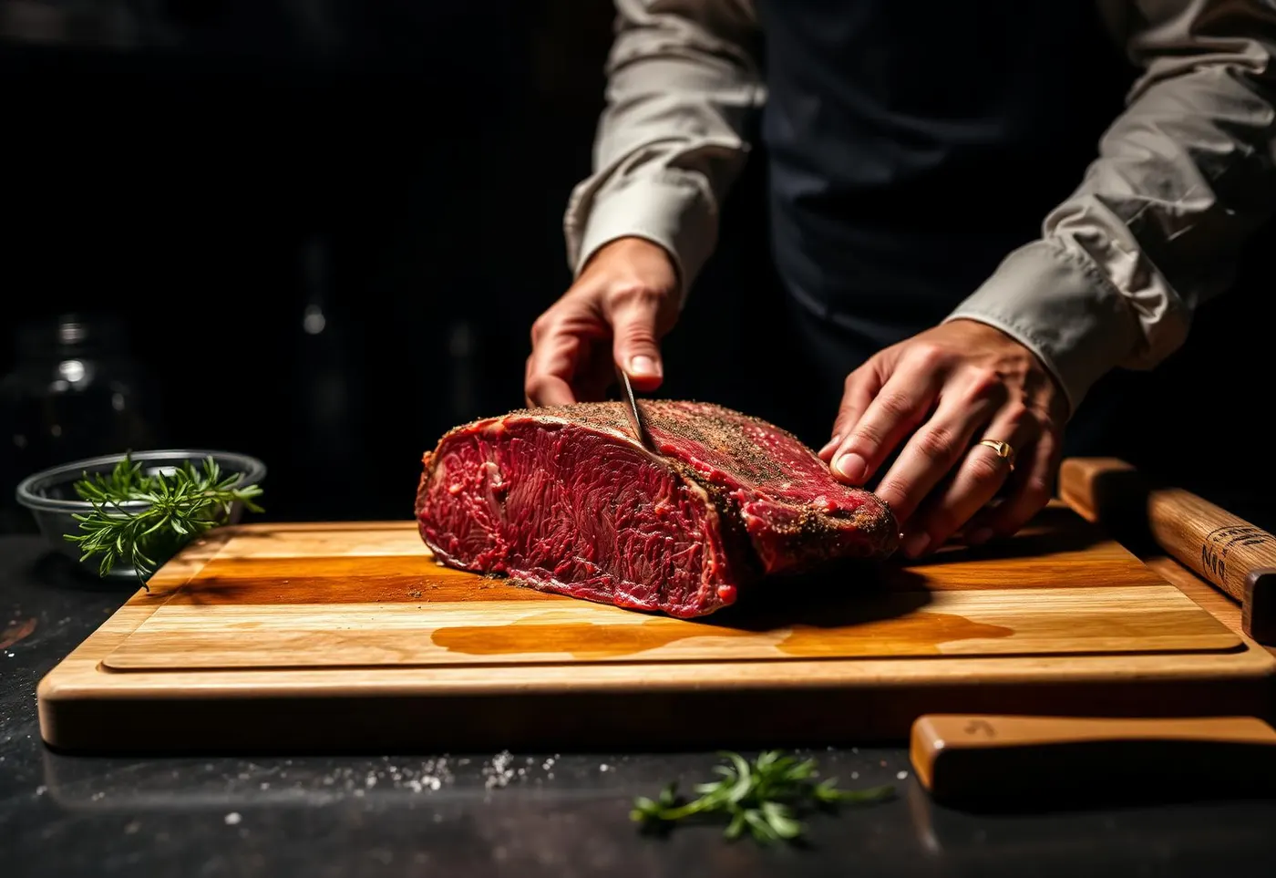 Metzger schneidet ein marmoriertes Entrecôte-Steak von Hand auf einem Holzbrett – HNTR Steak Jerky Manufaktur